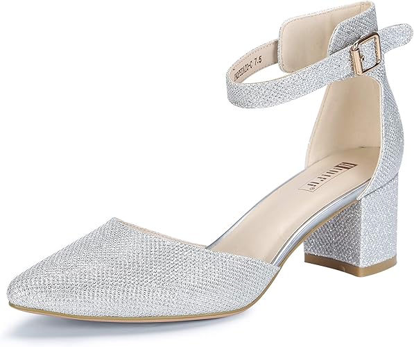 IDIFU Women's IN2 Pedazo Dress Pumps – Low Block Heels, Closed Toe Ankle Strap Wedding Shoes, Comfortable Chunky Heel Dress Shoes for Bridal, Office & Party