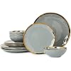 Pokini Porcelain Luxury Dinnerware Sets, Modern Plates and Bowls Sets for 4, Highly Chip and Crack Resistant, Grey and Gold Rim China Dishes Set for Wedding