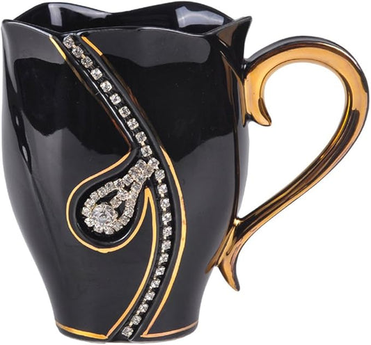 Rhinestone Coffee Mug 14 OZ Unique Water Cup for Office and Home Black | Unique Coffee Cup Pretty Ceramic Coffee Mugs with Spoon for Women