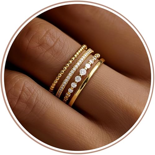 Florideco 14K Gold Plated Stackable Rings for Women Non Tarnish Dainty Cubic Zirconia Thumb Ring Set Silver Plated Stacking Set Statement Promise Band Ring Set