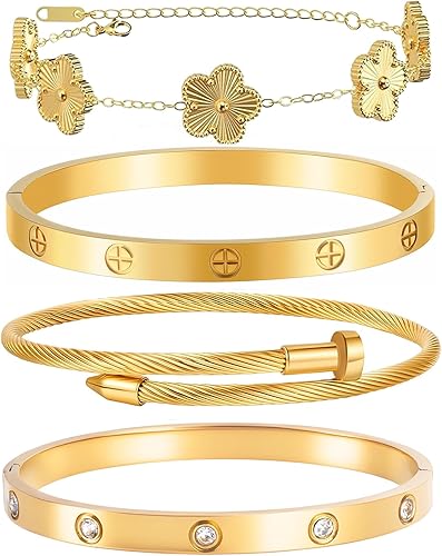 Womens Stackable Floral Gold Bracelets - 4Pcs 18K Gold Plated Bracelet,Stainless Steel Bangle Bracelets Non Tarnish, Gold Bracelet Set Trendy Jewelry,Christmas Valentines Birthday Gifts for Girlfriend