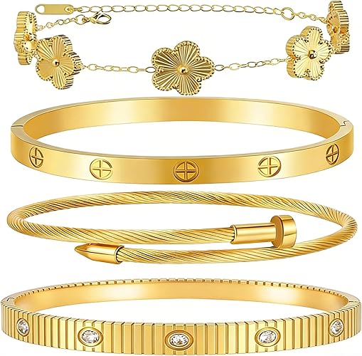 Womens Stackable Floral Gold Bracelets - 4Pcs 18K Gold Plated Bracelet,Stainless Steel Bangle Bracelets Non Tarnish, Gold Bracelet Set Trendy Jewelry,Christmas Valentines Birthday Gifts for Girlfriend
