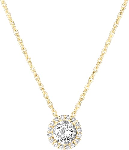 PAVOI 14K Gold Plated Post Faux Diamond Round Solitaire Pendant Halo Necklace | Gold Necklace for Women | Slider Adjustable