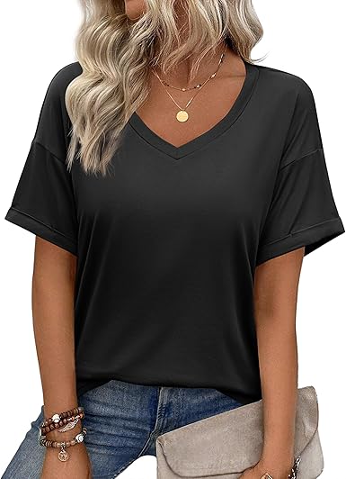 Zeagoo Button Down Shirts for Women Short Sleeve Collared Tops Dressy Casual V Neck Blouses