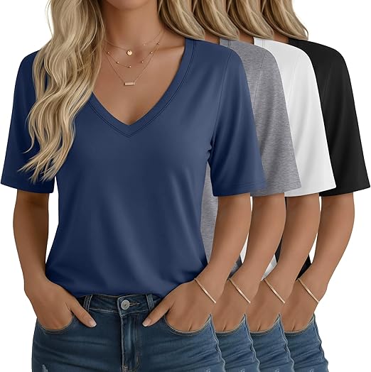 Oakgarden 4 Pack Women's Half Sleeve Shirts V Neck Tops Elbow Length Loose Fit Straight Hem T Shirts Casual Summer Tees
