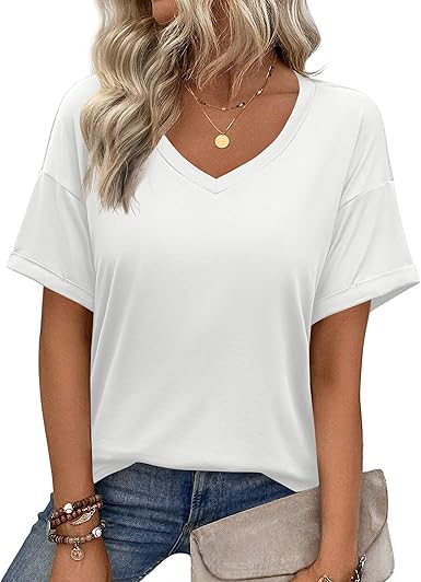 Zeagoo Button Down Shirts for Women Short Sleeve Collared Tops Dressy Casual V Neck Blouses