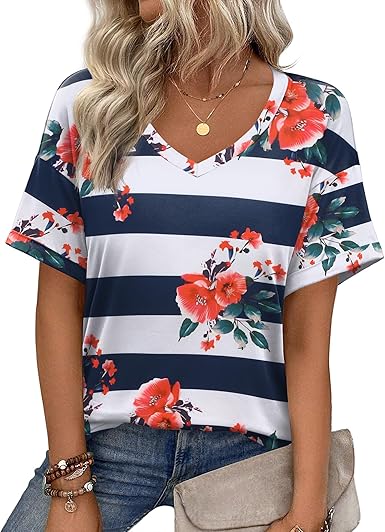 Zeagoo Womens Summer Tops Short Sleeve Casual Shirts Floral Tee Trendy 2026 Basics V Neck Plain Tshirt