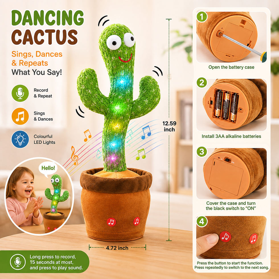 Interactive Dancing & Singing Cactus Toy with Recording & LED Lights