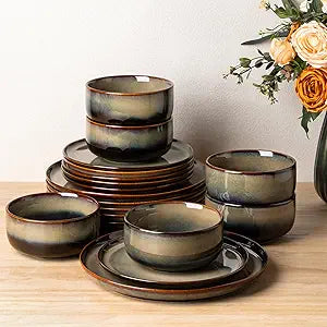 TheTerra Ceramic Dinnerware Set for 6, 18-Piece Plates and Bowls Set | Handmade Reactive Glaze Dish Set, Scratch Resistant, Oven & Microwave &.
