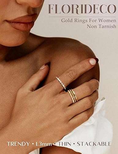 Florideco 14K Gold Plated Stackable Rings for Women Non Tarnish Dainty Cubic Zirconia Thumb Ring Set Silver Plated Stacking Set Statement Promise Band Ring Set