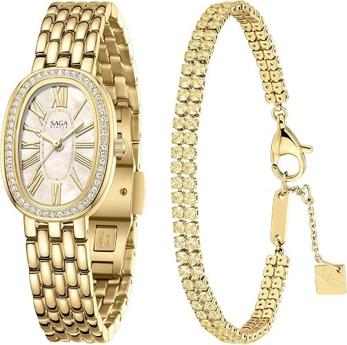 SAGA Women's Luxury Watch & Crystal Bracelet Set | Oval Mother of Pearl Dial Roman Numerals, Swiss Quartz, 3ATM Water Resistant - Elegant Two-Piece Gift Set