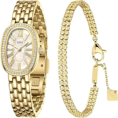 SAGA Women's Luxury Watch & Crystal Bracelet Set | Oval Mother of Pearl Dial Roman Numerals, Swiss Quartz, 3ATM Water Resistant - Elegant Two-Piece Gift Set