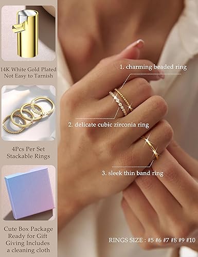 Florideco 14K Gold Plated Stackable Rings for Women Non Tarnish Dainty Cubic Zirconia Thumb Ring Set Silver Plated Stacking Set Statement Promise Band Ring Set