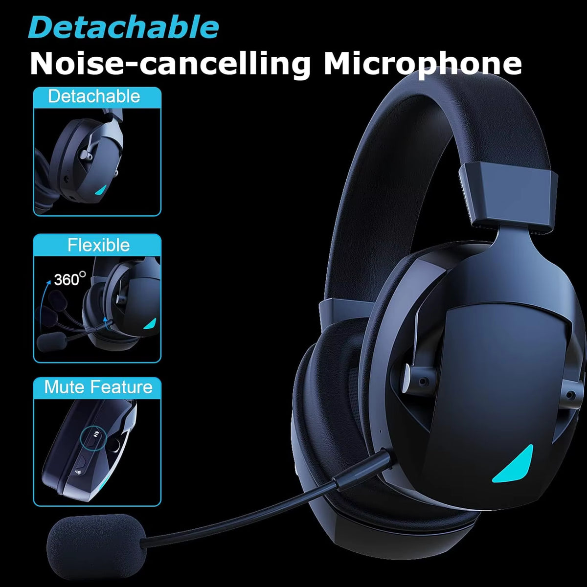 Tri-Mode 2.4G Bluetooth 3.5mm Wired Gaming Headset with Detachable Mic